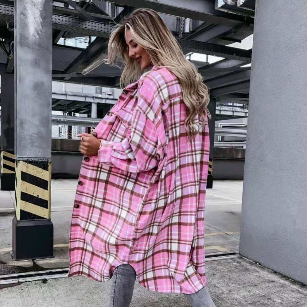 💥PINK PLAID BUTTON DESIGN LONGLINE SLEEVE SHACKET /SHIRT JACKET/DUSTER💥
